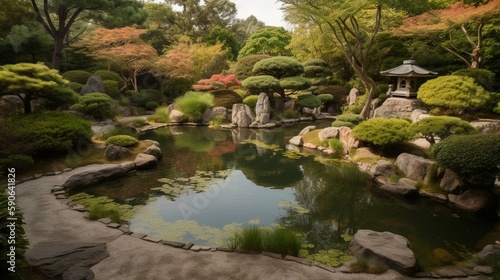 A peaceful Japanese garden with a koi pond Generative AI © Наталья Евтехова