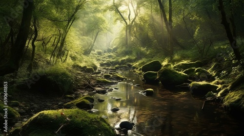 A tranquil forest with a babbling brook Generative AI