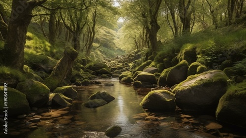 A tranquil forest with a babbling brook Generative AI