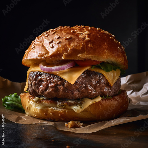 Delicious mouthwatering cheeseburger with onions