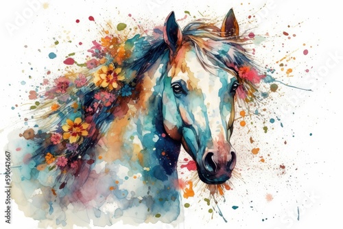 horse adorned with flowers in a watercolor painting. Generative AI