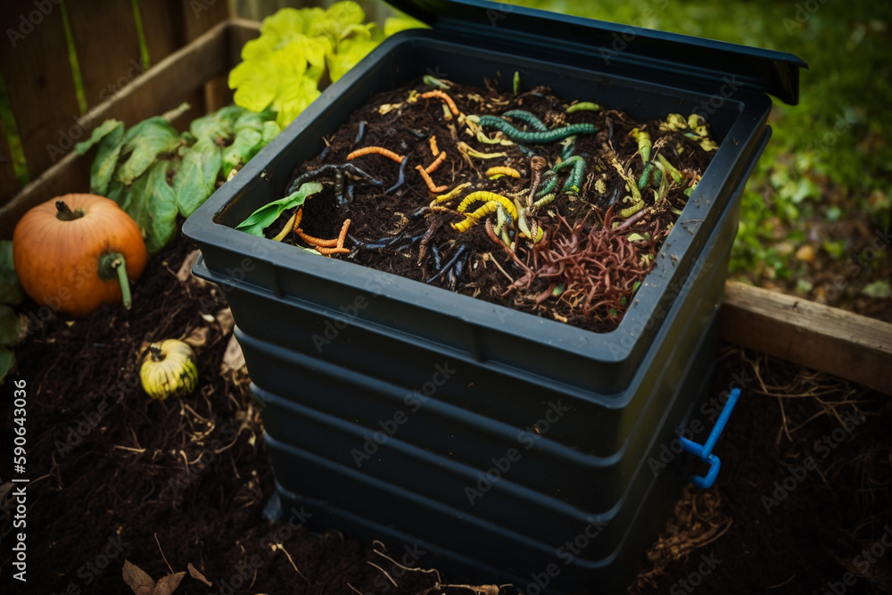 Open Compost Pretty Open compost bin with peelings and earthworms in a garden. generative ...