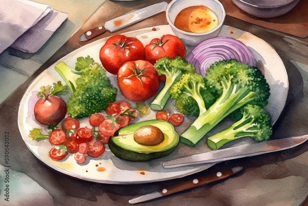 colorful plate of fresh vegetables sitting on a rustic wooden table. Generative AI colorful plate of fresh vegetables sitting on a rustic wooden table. Generative AI