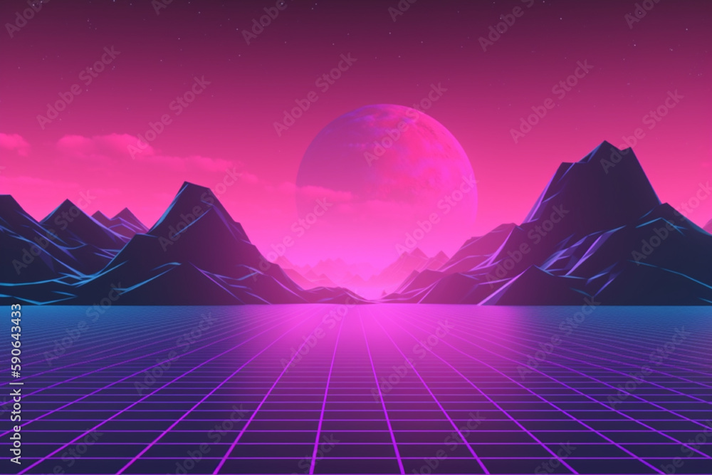 Retro Futuristic neon gaming landscape background