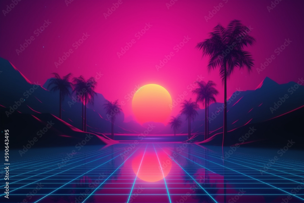 Naklejka premium Retro Futuristic neon gaming landscape background