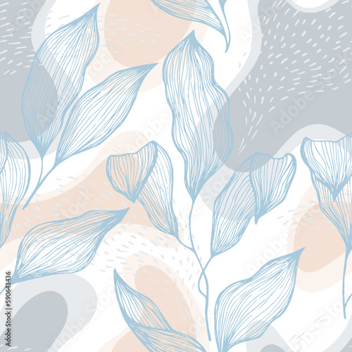 Sketch style doodle line texture leaves over stains and dots seamless vector ...