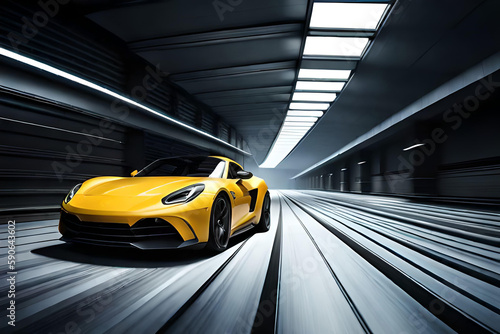 Yellow sport car on the tunnel road with motion blur background Generative AI