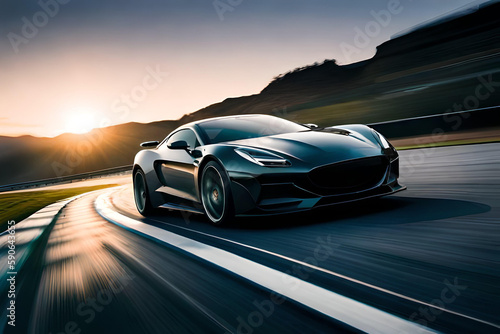 Black sports car on the road with motion blur effect Generative AI
