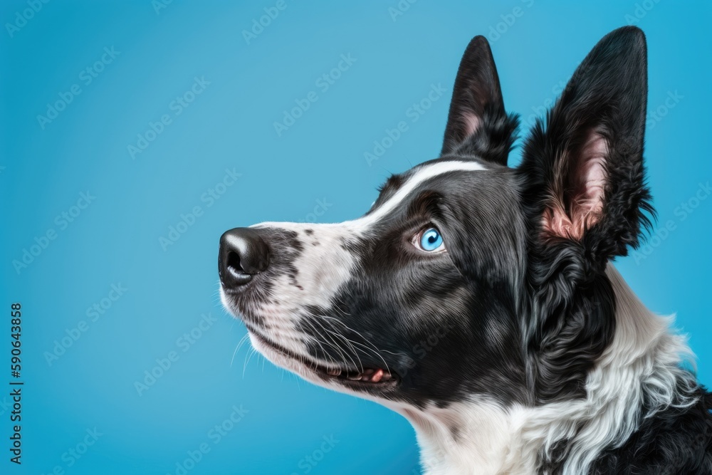 Dog listening with one ear raised. alone against a blue background. Generative AI
