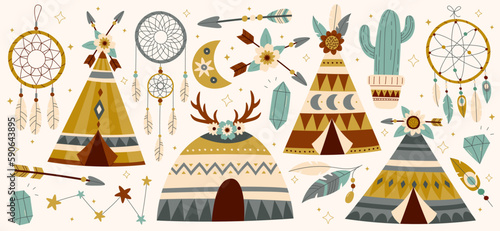 Teepee tents flat illustrations set. Traditional indian conical tent with ornaments, Dream catcher, diamonds