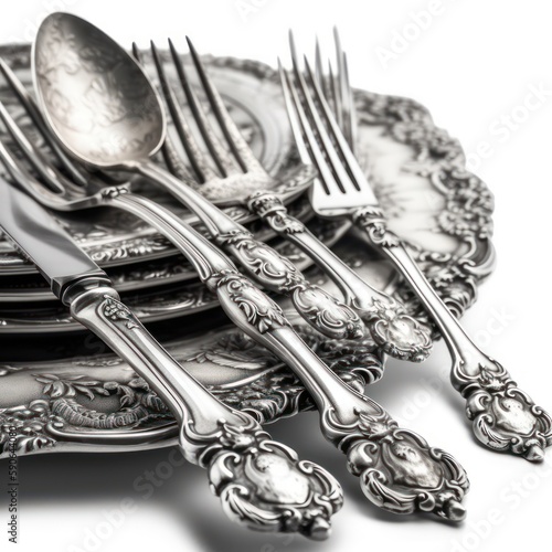 Closeup of ornate antique silverware, showcasing intricate craftsmanship and timeless elegance, reflecting the rich history and artistry of a bygone era, generative ai photo