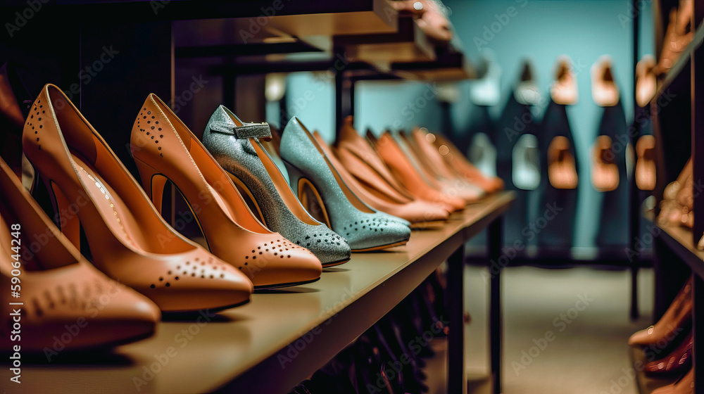 Assortment of shoes on the showcase of a shoe store. Al generated