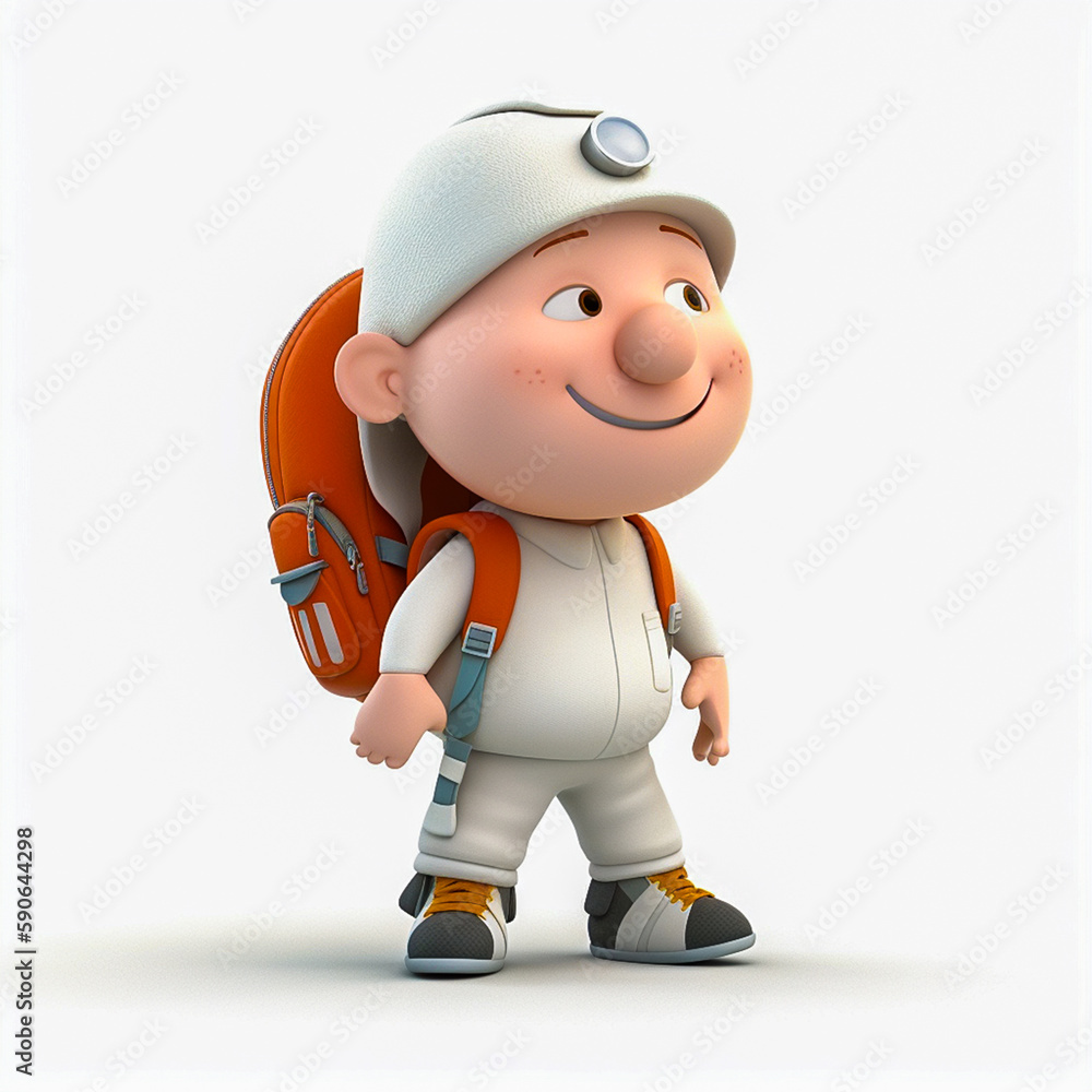3D Render of a Little Boy with a Backpack and Hat
