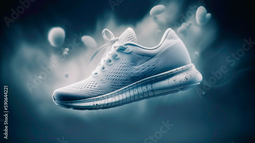 Stylish white flying sneakers, advertising concept. Al generated