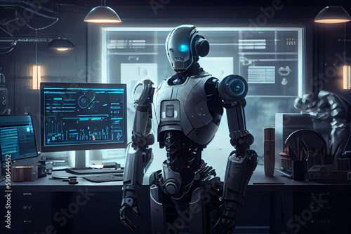 Future financial technology controlled by AI robot using machine learning and artificial intelligence to analyze business data and give advice on investment and trading decision . 3D illustration