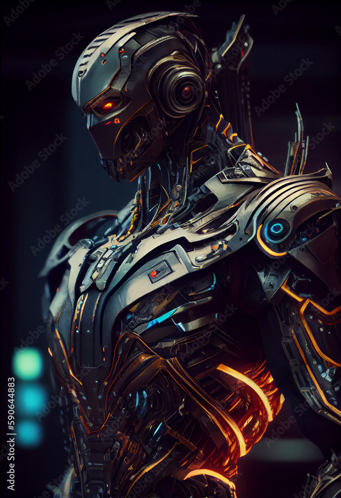Futuristic humanoid robot. sci fi concept. serious dramatic robot portrait High quality illustration