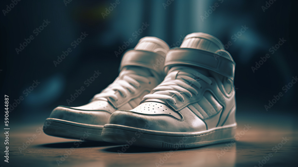 White sneakers on dark background. Al generated White sneakers on dark background. Al generated