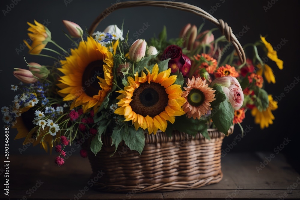 Fototapeta premium bouquet of sunflowers tulips and daisies in a basket created with Generative AI technology