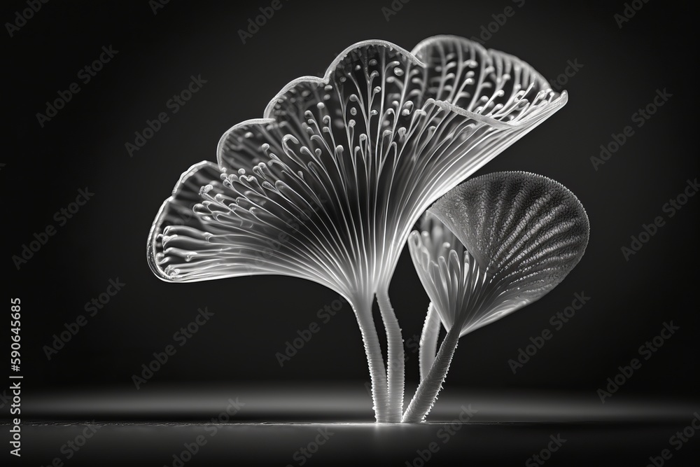 close-up shot of a delicate translucent mushrooms created with Generative AI technology close-up shot of a delicate translucent mushrooms created with Generative AI technology