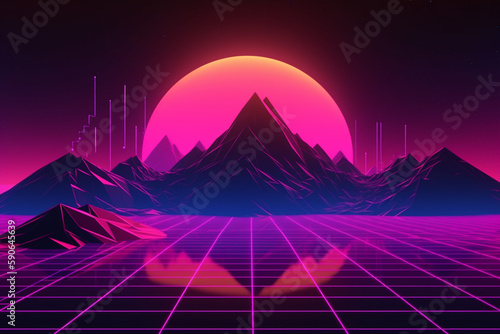 Retro Futuristic neon gaming landscape background