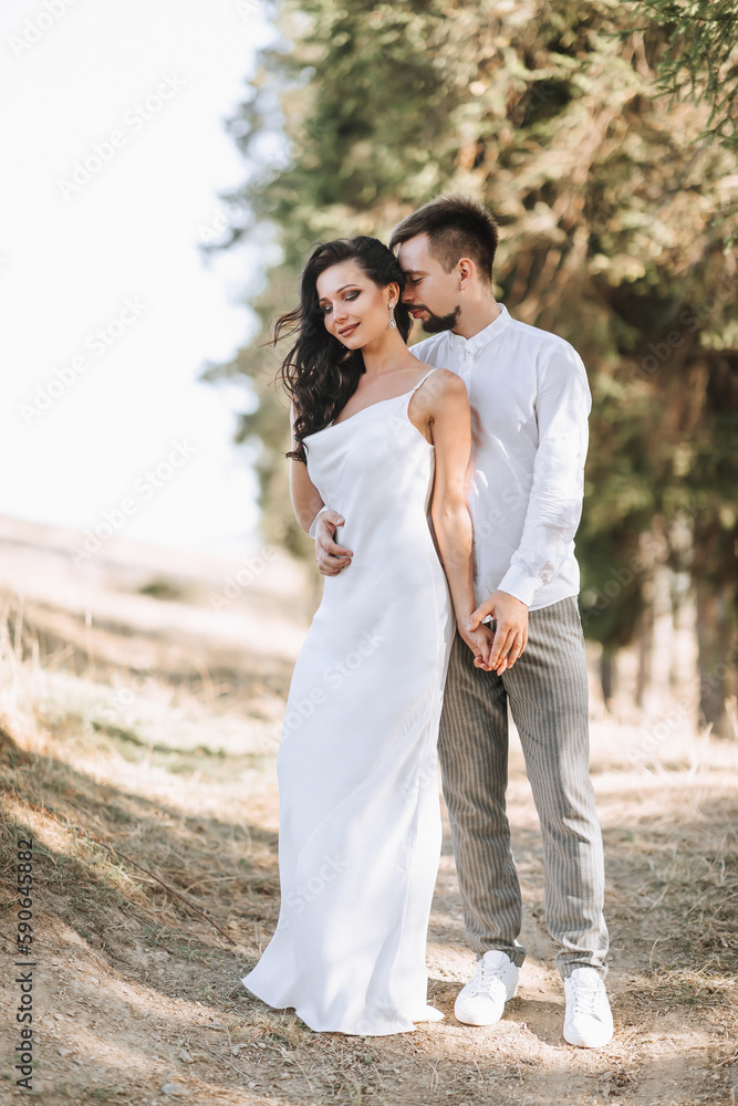 Naklejka premium Young happy couple in love hugging smiling and having fun in the mountains. High quality photo. A girl in a beautiful white dress