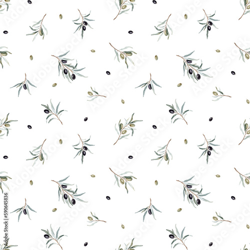 Watercolor seamless pattern with black and green olives and branch. Hand painted olives isolated on white background. Botanical illustration for design, print, fabric or background © Ekatmart