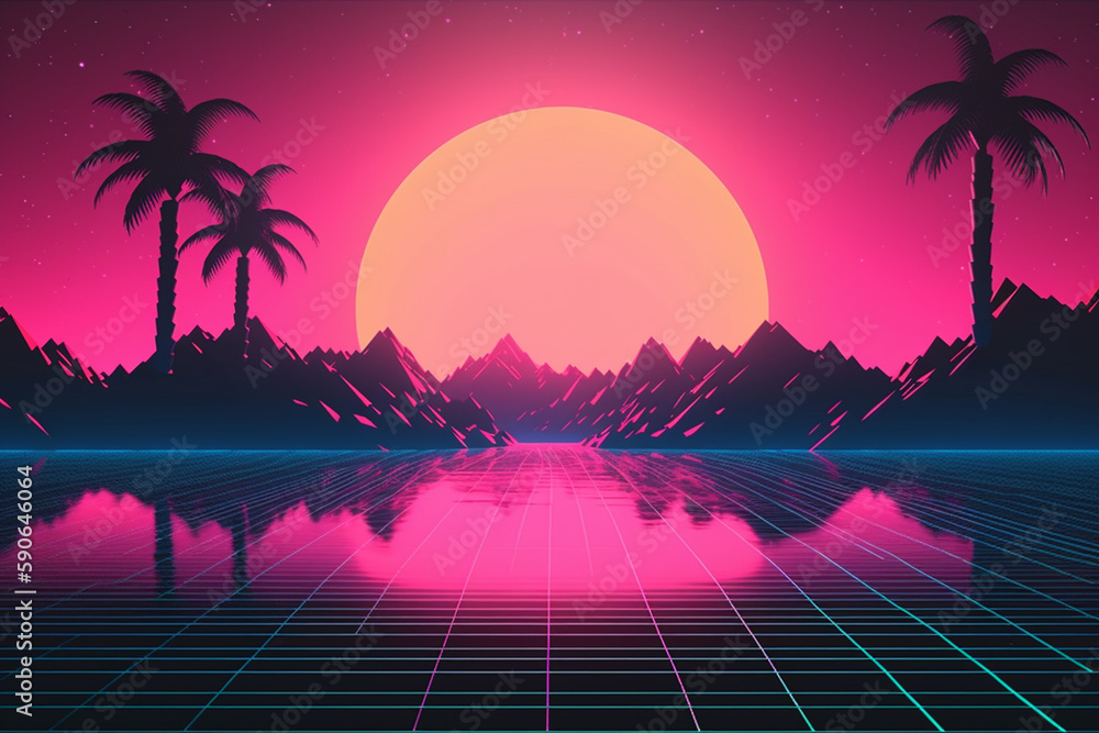 Naklejka premium Retro Futuristic neon gaming landscape background