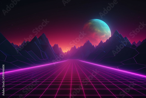 Retro Futuristic neon gaming landscape background © Hassan