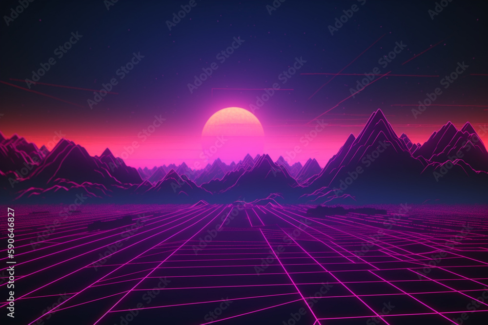 Retro Futuristic neon gaming landscape background