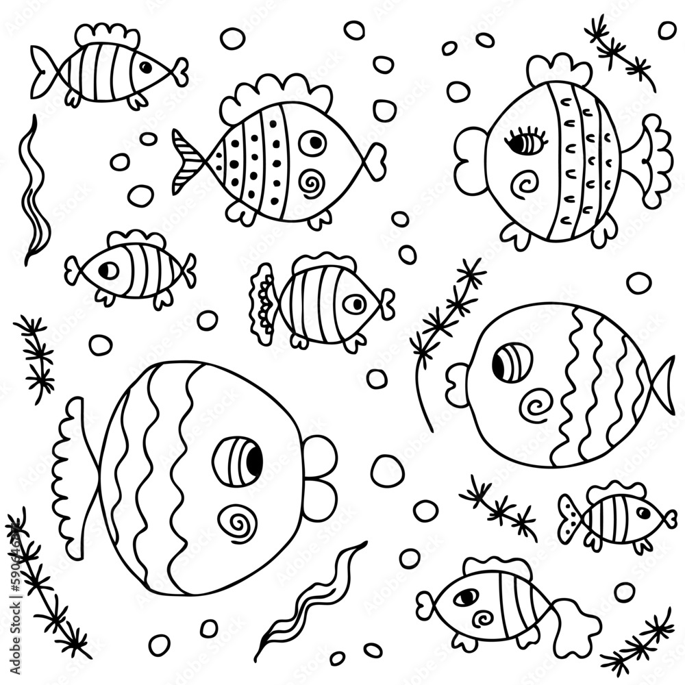 Doodle summer fishes monochrome pattern. Perfect print for tee, poster, card. Retro style vector illustration for decor and design.