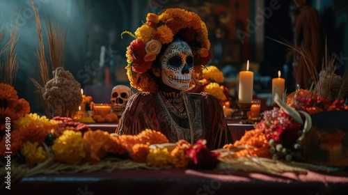 Beautiful woman in traditional mexican costume and bright make-up decorated with flowers and patterns for the day of the dead. Generative AI © keks20034