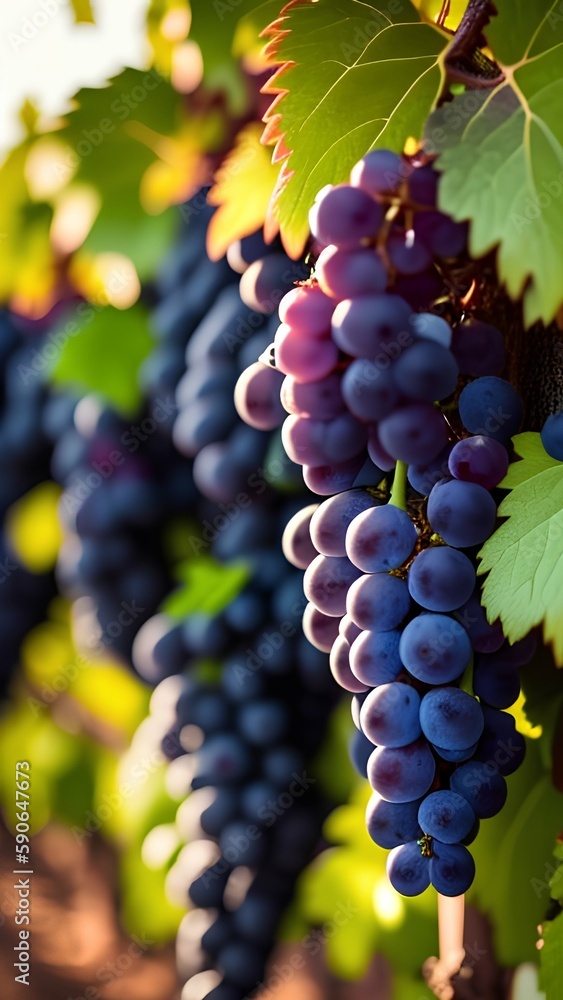 Fototapeta premium Grape bunches growing on vines in a vineyard - generative ai
