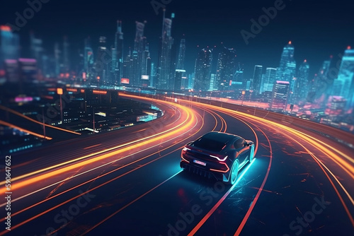 Speedway With Riding Sport Car In Futuristic City With Neon Lights, Made Using Generative Ai