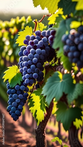 Grape bunches growing on vines in a vineyard - generative ai