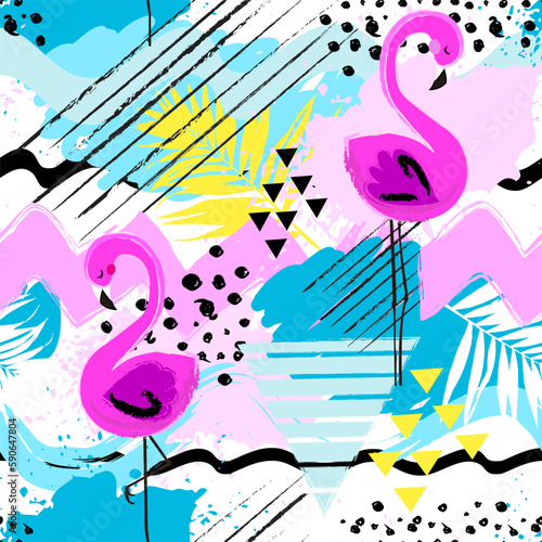 Fashion geometric funny wallpapers. Seamless pattern with flamingo, triangle,line, zig zag on bright colors. Summer design for fabric and decor.
