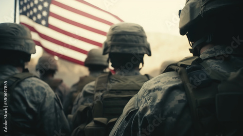 Soldiers in military uniform USA army against the American national flag, memorial day Patriotic Veterans 