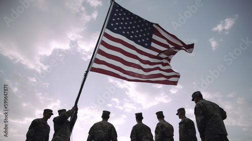 Army Soldiers holding USA flag. Greeting card for Veterans Day, Memorial Day, Independence Day. America celebration