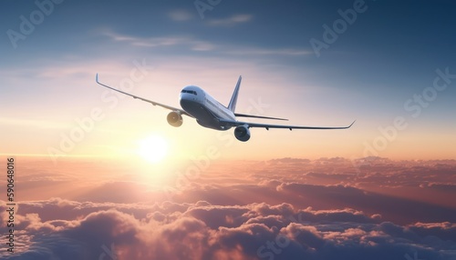 Commercial Jet Airplane on sunset  Sunset Flight - Jet plane Soaring 3d illustration