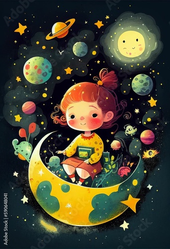 Cover book of kid standing on universe with cute little stars Created with Generative AI technology.