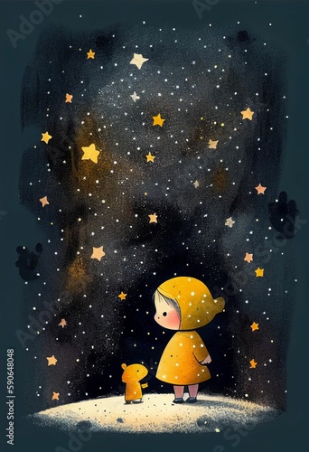 Cover book of kid standing on universe with cute little stars Created with Generative AI technology.