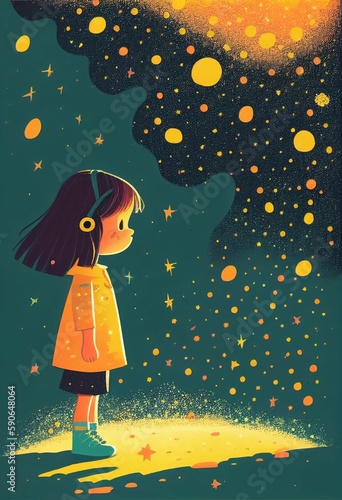 Cover book of kid standing on universe with cute little stars Created with Generative AI technology.