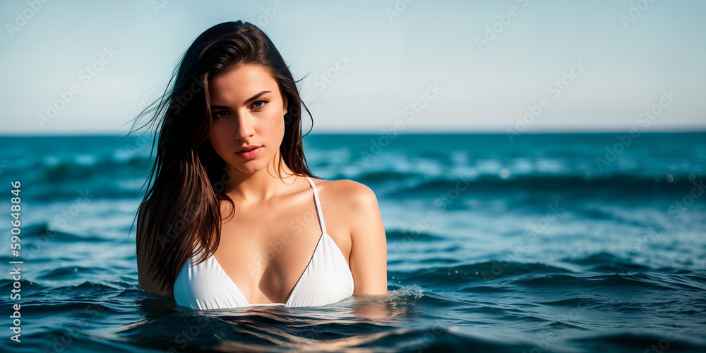 A curvaceous girl with dark long hair in a white one-piece swimsuit is half submerged in sea water against the background of a blue sky and sea horizon on a bright sunny day. Generative AI. A curvaceous girl with dark long hair in a white one-piece swimsuit is half submerged in sea water against the background of a blue sky and sea horizon on a bright sunny day. Generative AI.