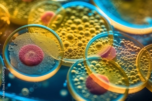 Exploring the Microscopic World: Bacteria and Virus Cells in a Petri Dish, Generative AI © avrezn