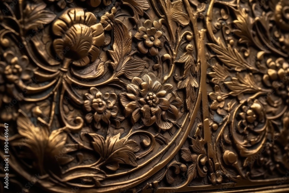 detailed close-up of a metal art piece featuring intricate floral designs. Generative AI