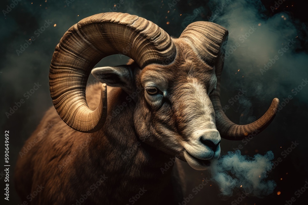 ram smoking a cigarette in a dimly lit environment. Generative AI ram smoking a cigarette in a dimly lit environment. Generative AI