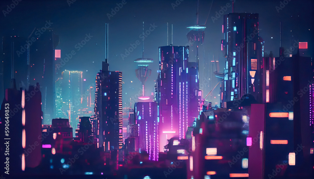 Bright futuristic towers on a dark background. Abstract 3D illustration