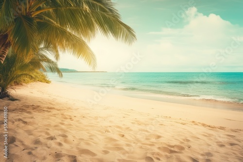 serene beach with a tall palm tree and clear blue ocean in the background. Generative AI © 2rogan