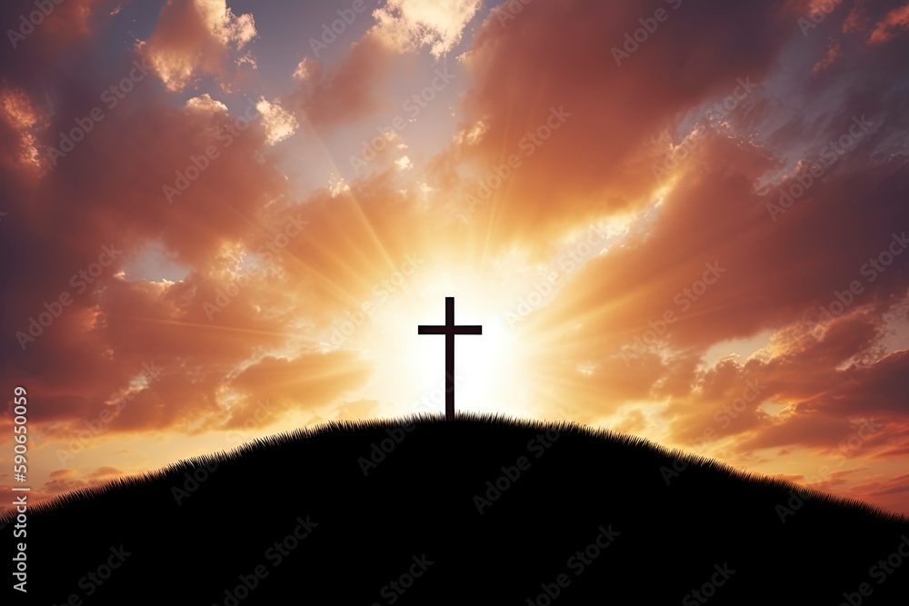 cross in the sunset, wooden cross on top of a hill bathed in warm sunlight during sunset