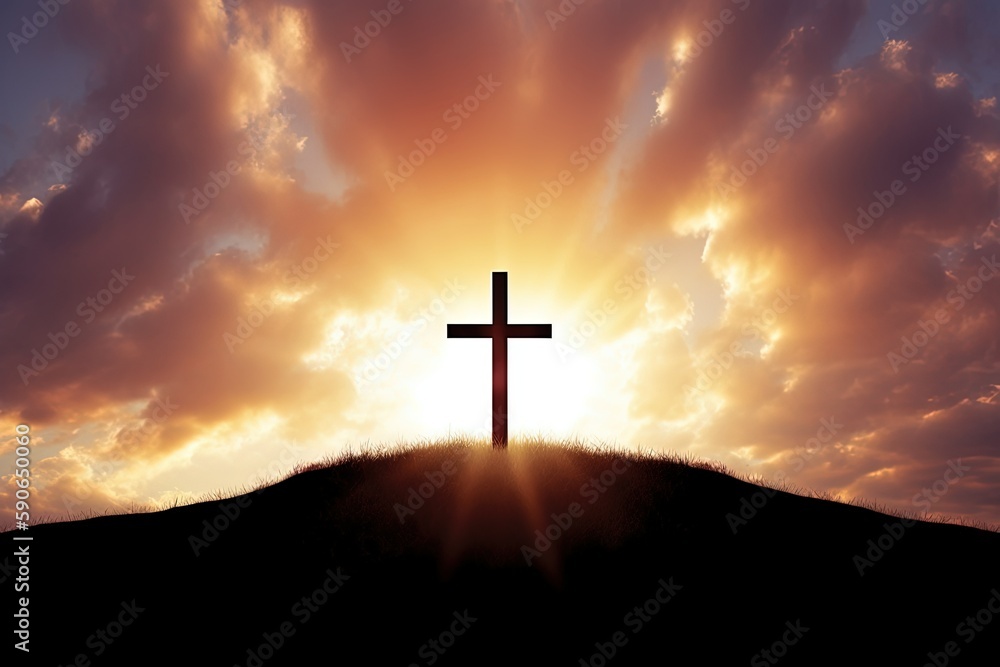 cross on sunset, wooden cross on top of a hill bathed in warm sunlight during sunset