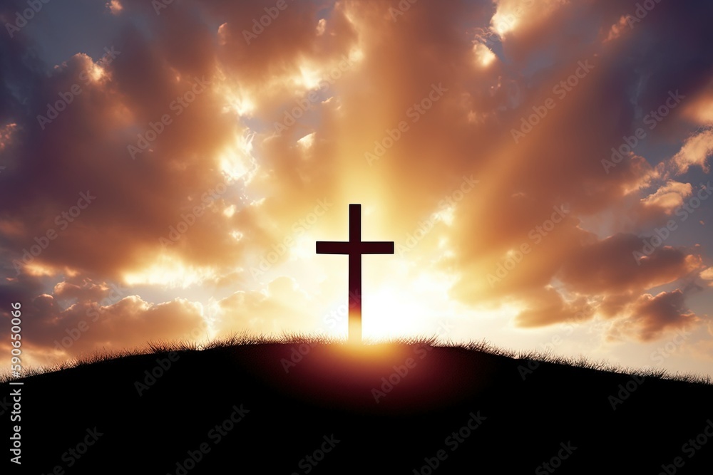wooden cross on top of a hill bathed in warm sunlight during sunset